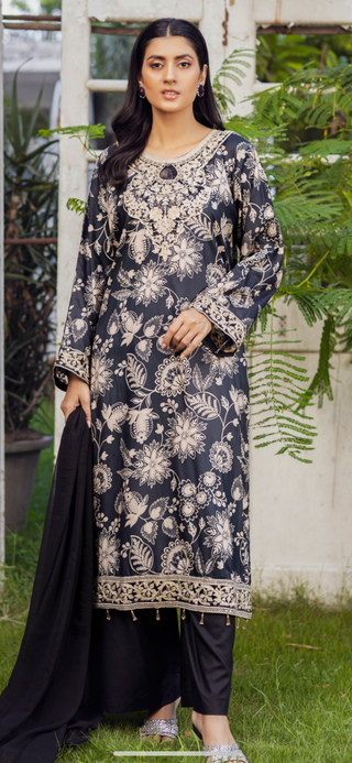 Black/Beige 3pc Printed Linen Suit