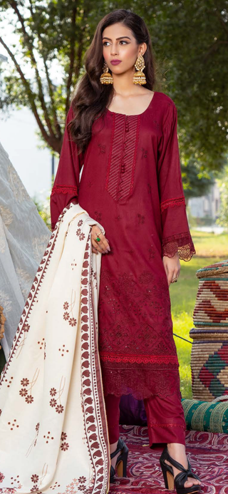 Wine Munira 3pc Dhanak Suit