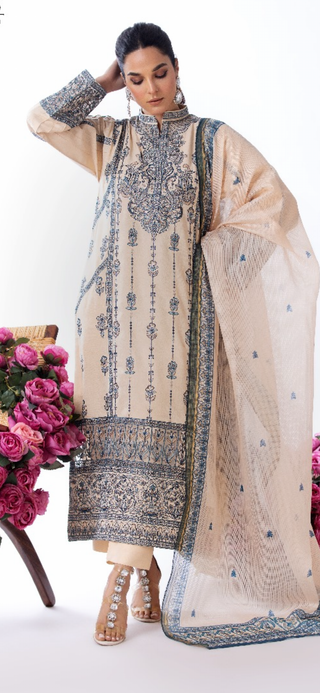 Beige Lawn Suit, with Organza Chikankari Borders