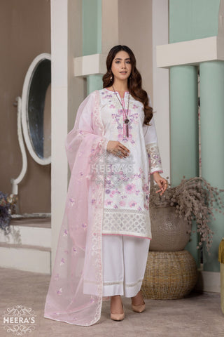 White 3pc Readymade Lawn Suit with Wide Leg Trousers