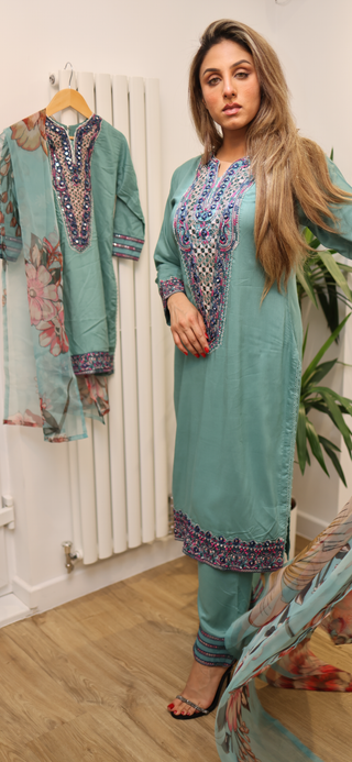 Mother & Daughter Turquoise Embroidered 3pc Suit with Floral Printed Organza Dupatta