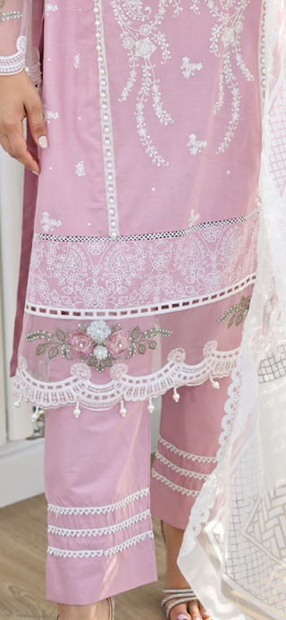 Dusky Pink 3pc Lawn Suit, with Organza Chikankari Borders