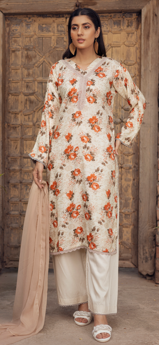 Beige/Orange 3pc Printed Linen Suit