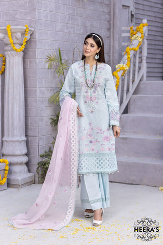 Sky Blue 3pc Readymade Lawn Suit with Wide Leg Trousers