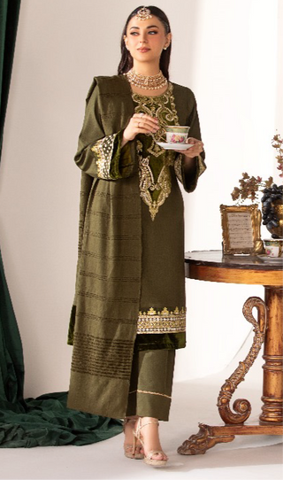 Mendhi Green 3pc Dhanak Suit with Velvet Shawl