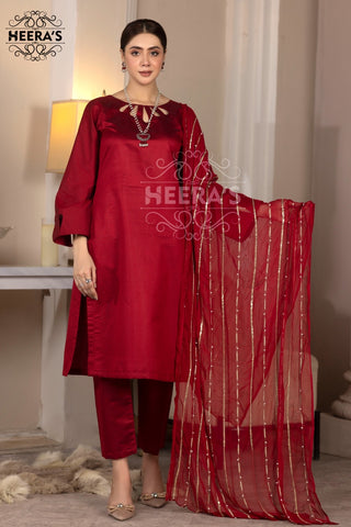 Red 3pc Viscose suit with Statement Dupatta