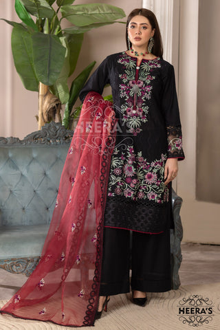 Black 3pc Readymade Lawn Suit with Wide Leg Trousers