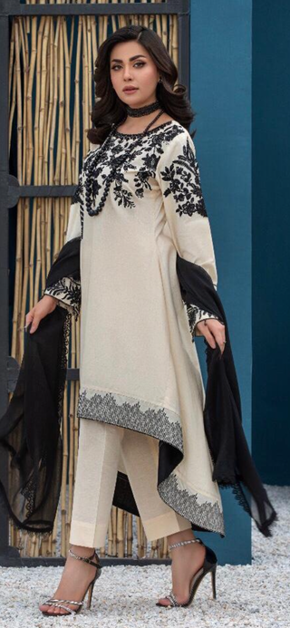 Cream Lawn Suit with trailing Kameez