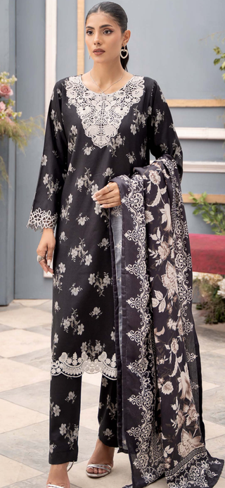 Black & White Floral Raniya.h 3pc Dhanak Suit