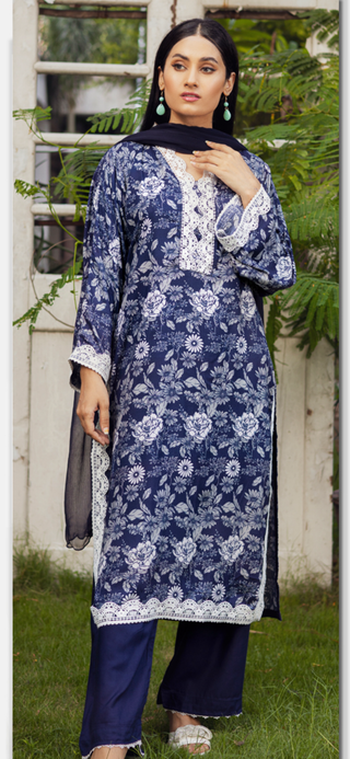 Navy 3pc Printed Linen Suit