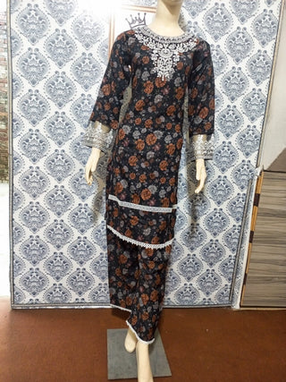 Black/Orange Floral 2pc Readymade Linen