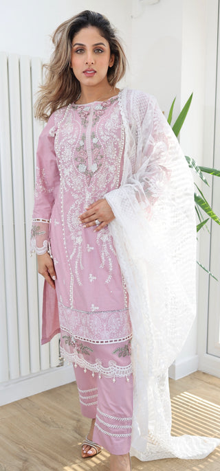 Dusky Pink 3pc Lawn Suit, with Organza Chikankari Borders