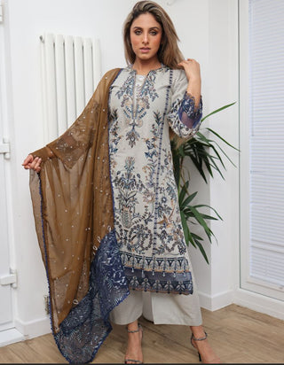 Grey 3pc Lawn suit, with Pearl and Bead Embellishments