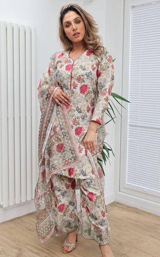 Cream Floral Printed 3pc Suit with Organza Dupatta