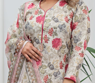 Cream Floral Printed 3pc Suit with Organza Dupatta