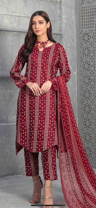 Red Chunri style Linen 3pc Suit