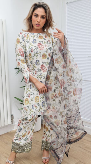 White Floral Printed 3pc Suit with Organza Dupatta