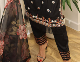 Mother & Daughter Black Embroidered 3pc Suit with Floral Printed Organza Dupatta