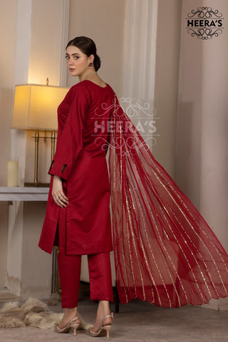 Red 3pc Viscose suit with Statement Dupatta