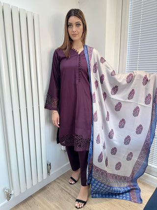 Simple 3pc Raniya.h Linen Suit in Purple