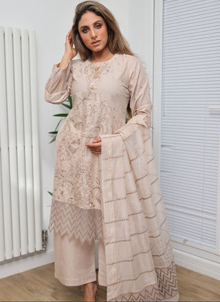 Mocha 3pc Lawn Suit, with Organza Chikankari Borders