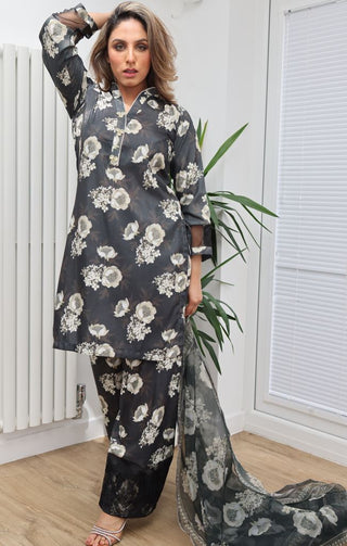 Charcoal Floral Printed 3pc Suit with Organza Dupatta