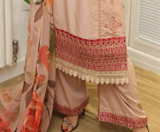 Mother & Daughter Pink Embroidered 3pc Suit with Floral Printed Organza Dupatta