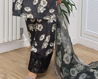 Charcoal Floral Printed 3pc Suit with Organza Dupatta