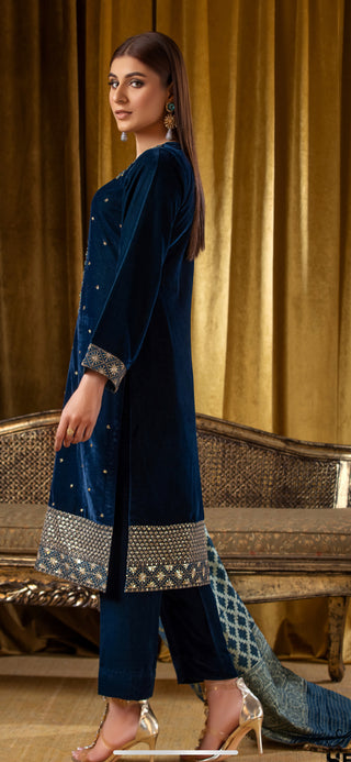 Teal 3pc Velvet Suit with Linen Jacquard Dupatta