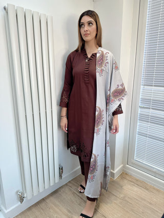 Simple 3pc Raniya.h Linen Suit in Brown