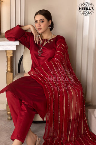 Red 3pc Viscose suit with Statement Dupatta