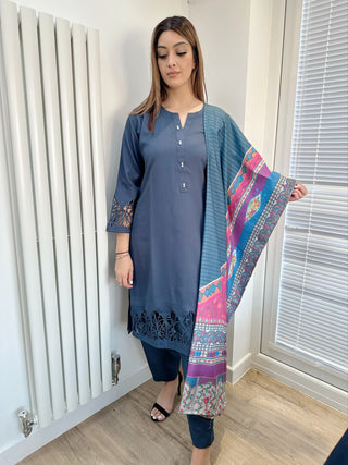 Simple 3pc Raniya.h Linen Suit in Blue