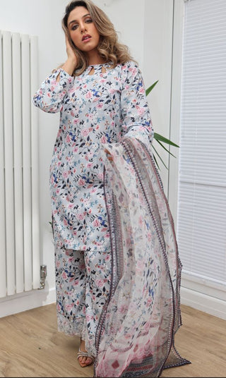 Grey Floral Printed 3pc Suit with Organza Dupatta