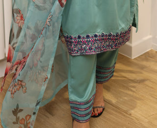 Mother & Daughter Turquoise Embroidered 3pc Suit with Floral Printed Organza Dupatta