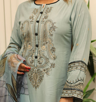 Mother & Daughter Sky Blue Embroidered 3pc Suit with Floral Printed Organza Dupatta