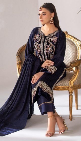 Navy 3pc Dhanak Suit with Velvet Shawl