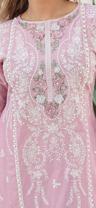 Dusky Pink 3pc Lawn Suit, with Organza Chikankari Borders