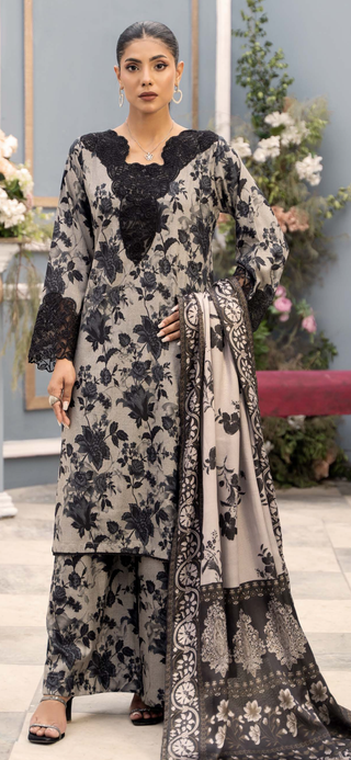 Black & Beige Floral Raniya.h 3pc Dhanak Suit