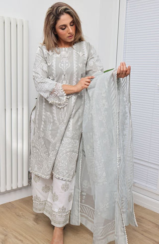 Grey 3pc Readymade Cotton Suit with Pearl Detailing