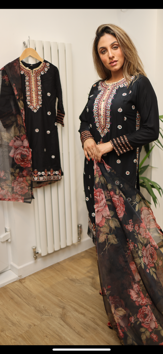 Mother & Daughter Black Embroidered 3pc Suit with Floral Printed Organza Dupatta