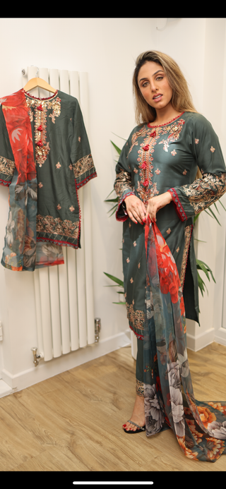 Mother & Daughter Green Embroidered 3pc Suit with Floral Printed Organza Dupatta