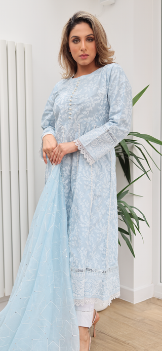 Sky Blue A Line 3pc Readymade Lawn Dress