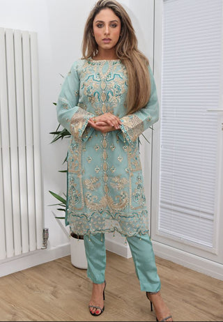 Sea Green Party-wear Organza Suit