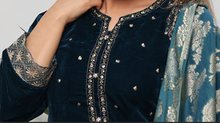 Teal 3pc Velvet Suit with Linen Jacquard Dupatta