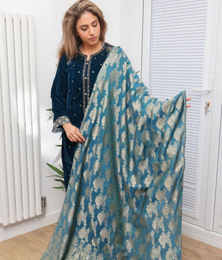 Teal 3pc Velvet Suit with Linen Jacquard Dupatta