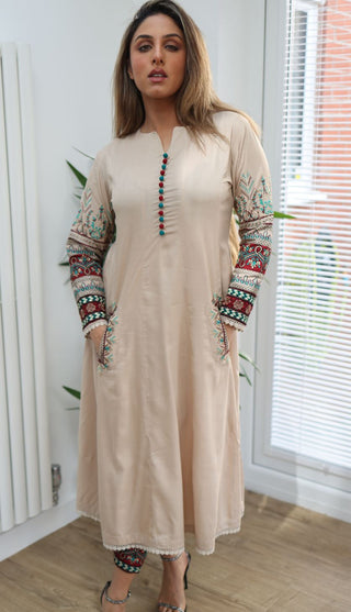 Beige 2pc Lawn Dress with Pockets