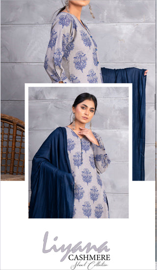 3PC Grey & Navy Linen Floral Print Suit with Contrast Pashmina