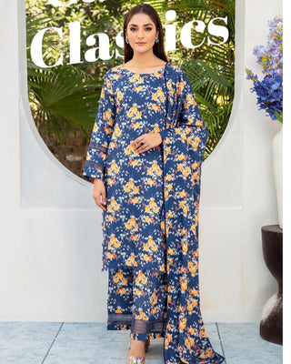 3PC Blue & Yellow Linen Floral Print Suit with Palazzo Trousers