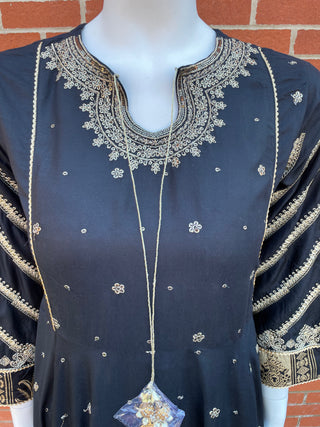 Black Lawn Dress with Gold Thread Work