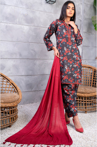 3PC Black & Red Linen Floral Print Suit with Contrast Pashmina